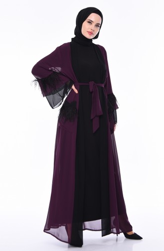 Tüylü Şifon Abaya 52756-01 Mor Siyah