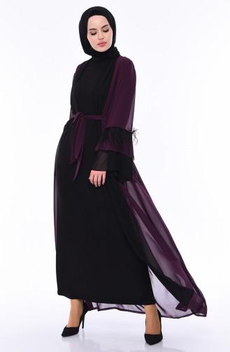 Tüylü Şifon Abaya 52756-01 Mor Siyah