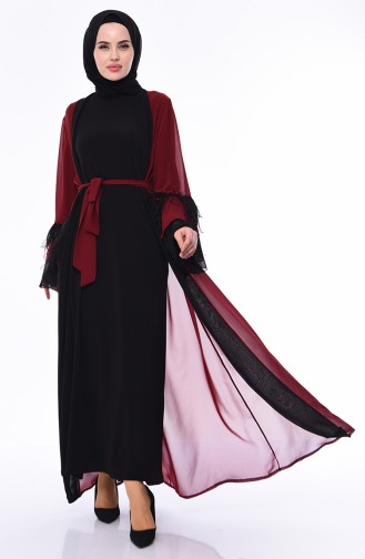 Tüylü Şifon Abaya 52756-02 Bordo Siyah