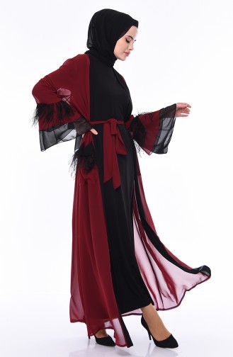 Tüylü Şifon Abaya 52756-02 Bordo Siyah