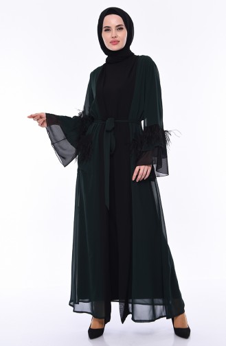 Tüylü Şifon Abaya 52756-05 Zümrüt Yeşili Siyah