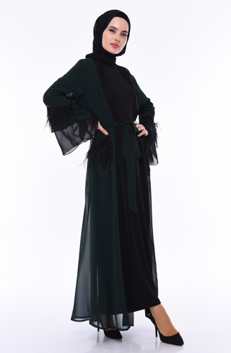 Tüylü Şifon Abaya 52756-05 Zümrüt Yeşili Siyah