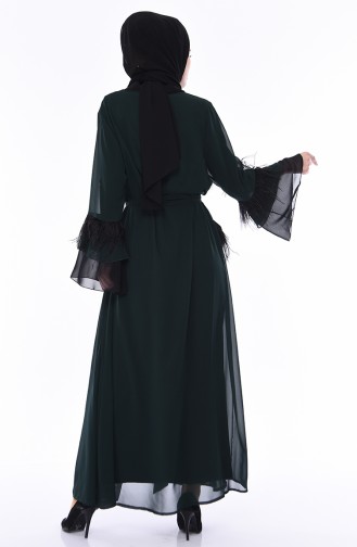 Tüylü Şifon Abaya 52756-05 Zümrüt Yeşili Siyah