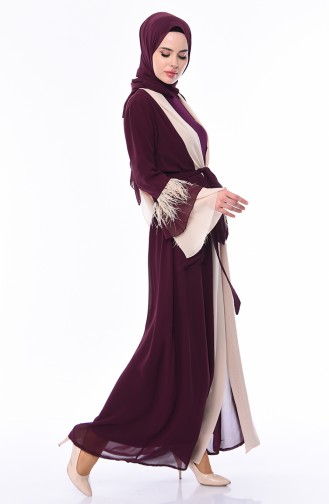 Tüylü Şifon Abaya 52756-06 Koyu Mor Bej