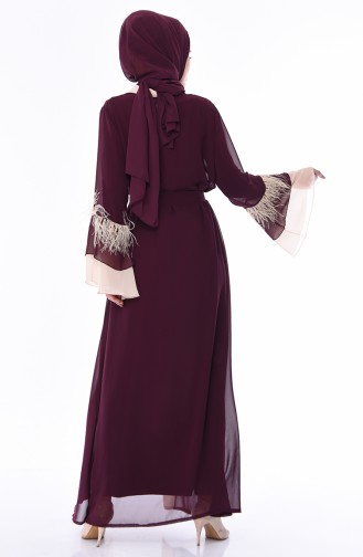 Tüylü Şifon Abaya 52756-06 Koyu Mor Bej