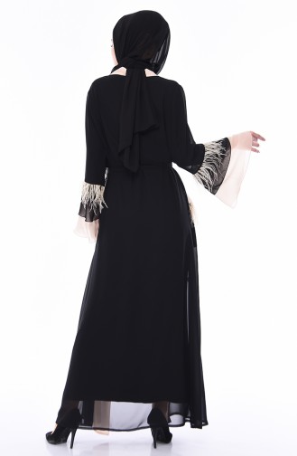 Tüylü Şifon Abaya 52756-07 Siyah Bej