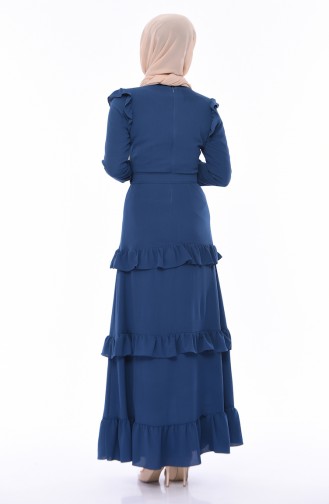 Kemerli Fırfırlı Elbise 1192-02 İndigo
