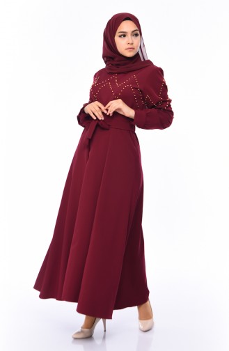 Claret Red Hijab Evening Dress 0109-04