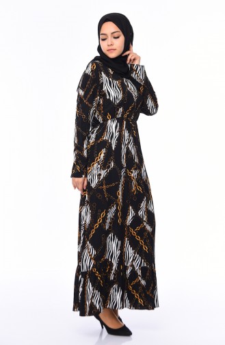 Large Size Chain Pattern Shirred Dress 0634A-01 Black 0634A-01