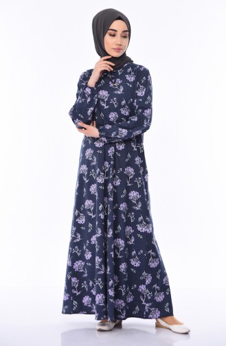 Patterned Dress 2560A-02 Navy Blue Lilac 2560A-02