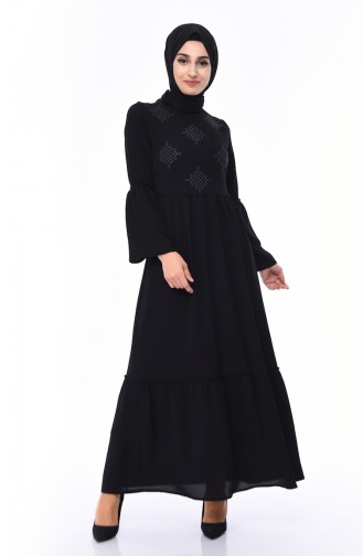 فستان بتفاصيل مُطرزة وكشكش 1191-01 لون أسود 1191-01
