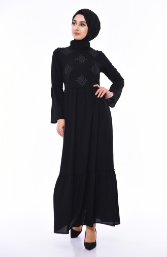 Nakışlı Büzgülü Elbise 1191-01 Siyah