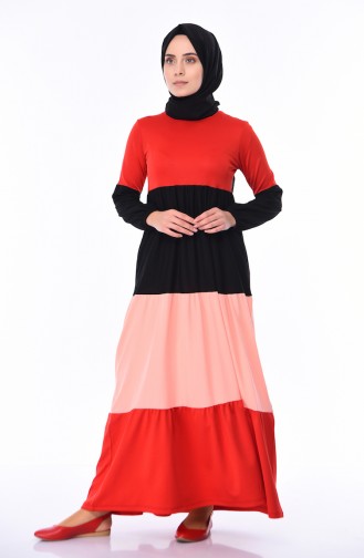 Kolu Lastikli Elbise 4208-01 Kırmızı