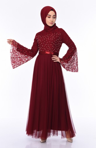 Claret Red Hijab Evening Dress 81663-02