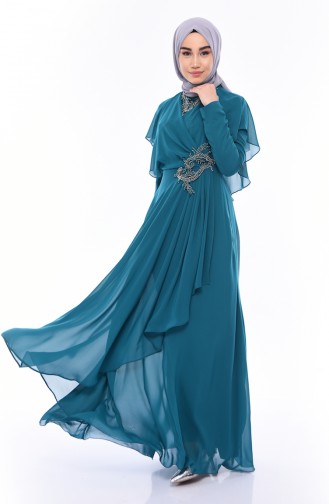 Petrol Hijab Evening Dress 8008-06