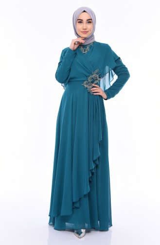 Petrol Hijab Evening Dress 8008-06