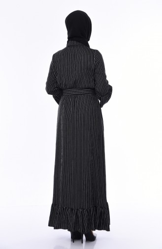 Çizgili Kemerli Elbise 81708-06 Siyah