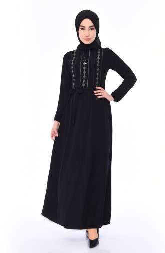 Nakışlı Kuşaklı Elbise 1193-01 Siyah