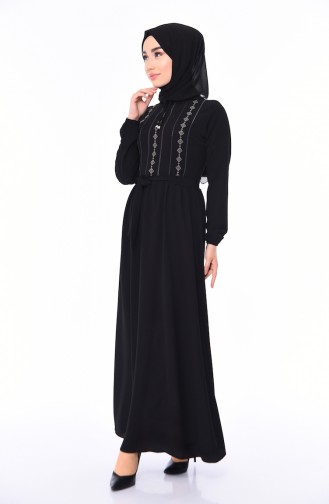 Nakışlı Kuşaklı Elbise 1193-01 Siyah