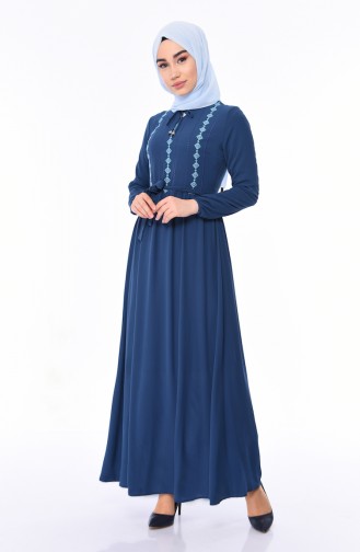 Nakışlı Kuşaklı Elbise 1193-03 İndigo