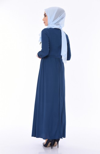 Nakışlı Kuşaklı Elbise 1193-03 İndigo