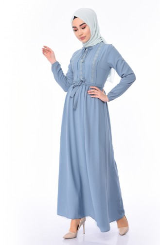 Nakışlı Kuşaklı Elbise 1193-05 Mavi