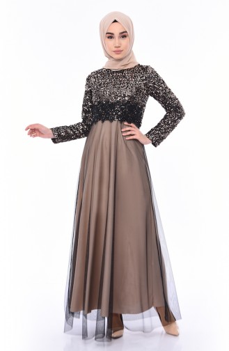 Beige Hijab Evening Dress 3804-01