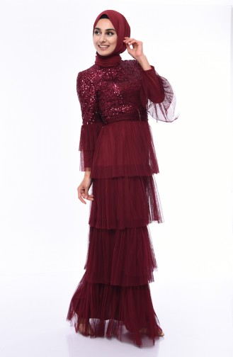 Claret Red Hijab Evening Dress 1150-05