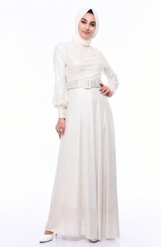 Ecru Hijab Evening Dress 0050-03