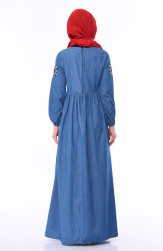 Nakışlı Kot Elbise 4024-02 Kot Mavi