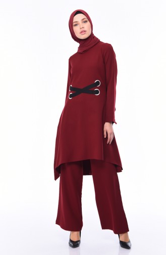 Asimetrik Tunik Pantolon İkili Takım 99206-08 Koyu Bordo