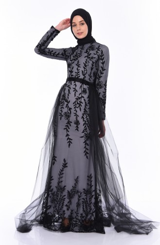 Gray Hijab Evening Dress 12005-04