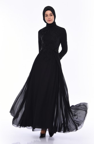 Black Hijab Evening Dress 8010-02