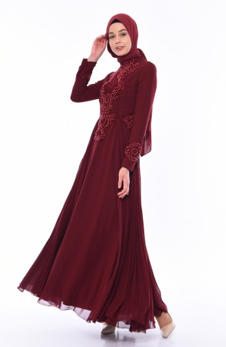 Claret Red Hijab Evening Dress 8010-05