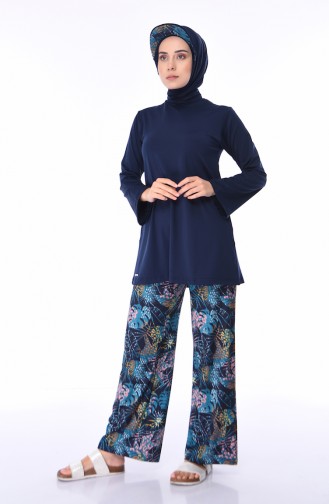 Maillot de Bain Hijab à Motifs 345-01 Bleu Marine 345-01