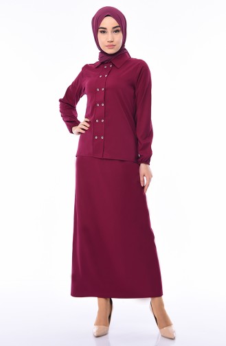 Düğmeli Etek Bluz İkili Takım 4216-06 Mürdüm