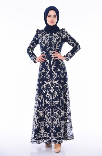 Navy Blue Hijab Evening Dress 7238-03