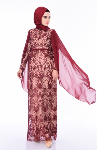 Claret Red Hijab Evening Dress 4527-02