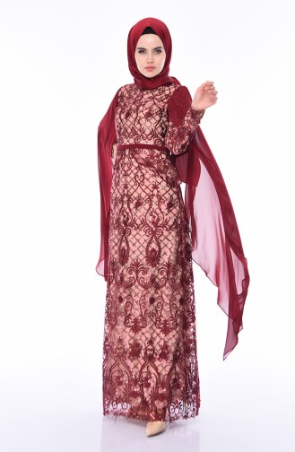 Claret Red Hijab Evening Dress 4527-02