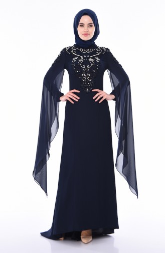 Navy Blue Hijab Evening Dress 4530-02