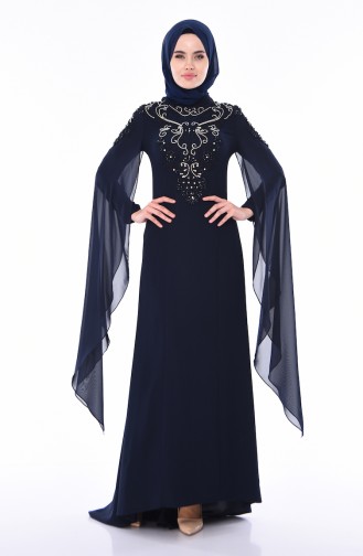 Robe de Soirée Brodée de Perles 4530-02 Bleu marine 4530-02