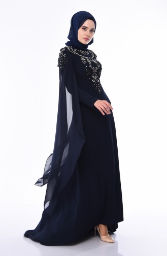 Robe de Soirée Brodée de Perles 4530-02 Bleu marine 4530-02