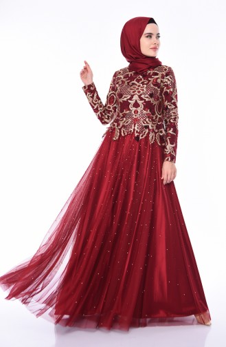 Claret Red Hijab Evening Dress 4535-01