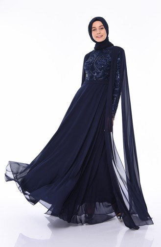 Navy Blue Hijab Evening Dress 4561-01