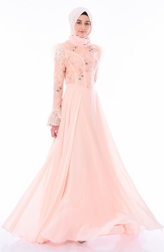 Salmon Hijab Evening Dress 4573-02