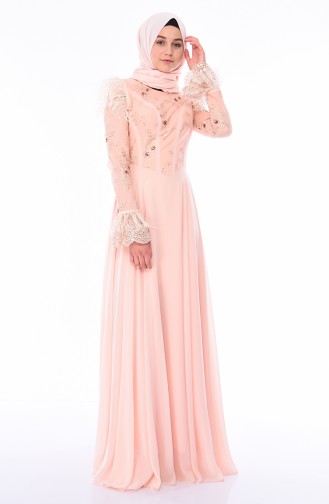 Salmon Hijab Evening Dress 4573-02
