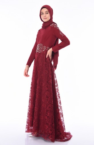 Claret Red Hijab Evening Dress 8013-01
