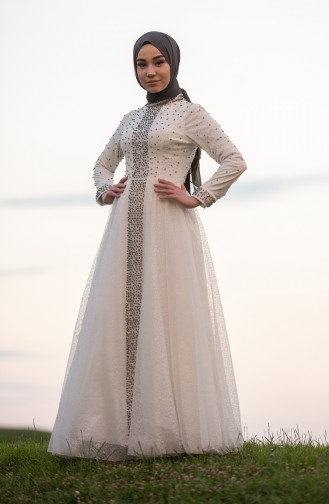 Ecru Hijab Evening Dress 1018-04