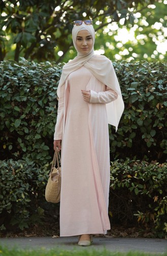 Pamuklu İç Elbiseli Kaftan Takım 7246-04 Pembe