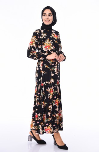 Çiçek Desenli Elbise 4217A-01 Siyah